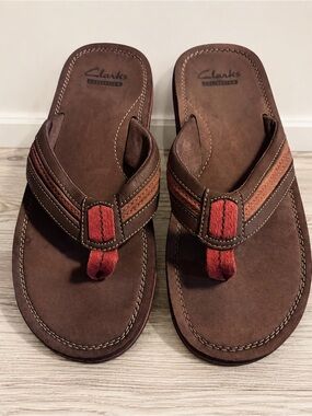 Clarks Collection Brown Leather Thong Flip Flop Sandals Men’s Size 11